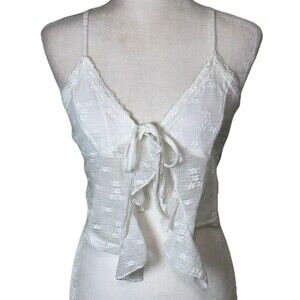 Women White Lace Tie Front Cami Crop Top Coquette Fairycore Adjustable Straps Lg